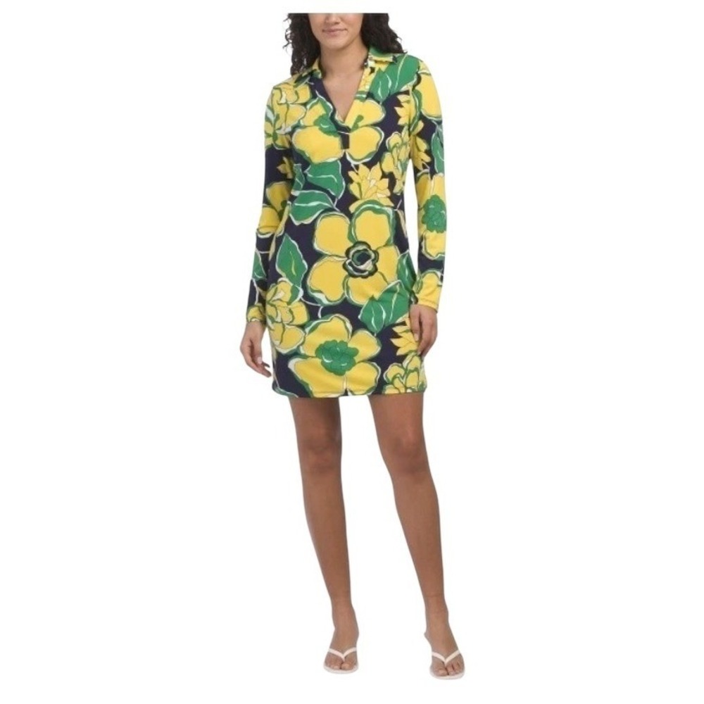 Trina Turk‎ Women's XS Dress Long Sleeve Navy Yellow Green Floral V-Neck